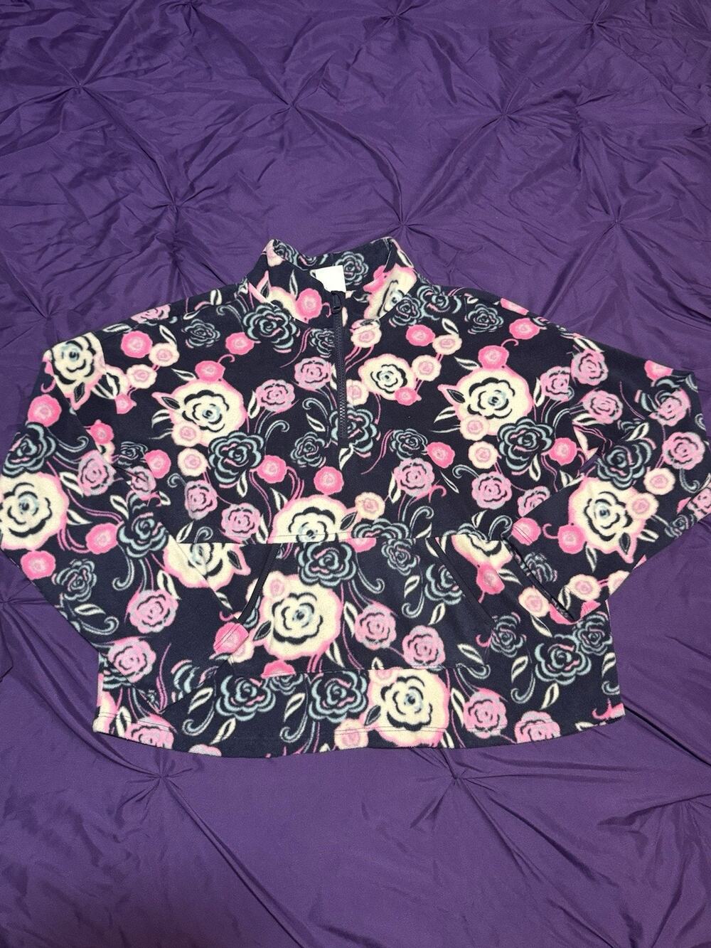 Girls LARGE (10-12) Athletic Work Microfleece Floral Pullover Jacket Cozy & Soft